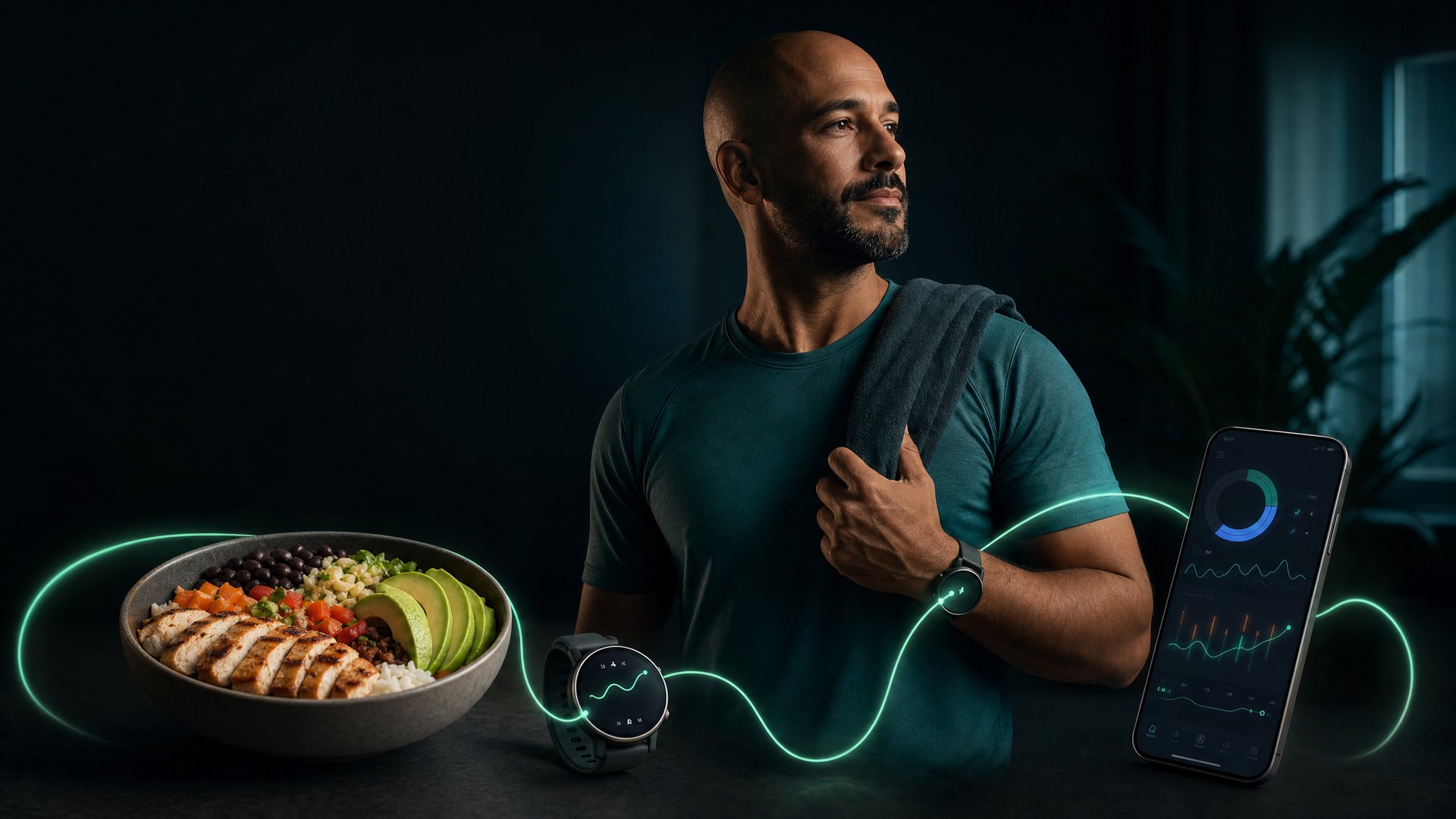 Um prato de comida, um relógio e um celular unidos por uma mesma linha de luz