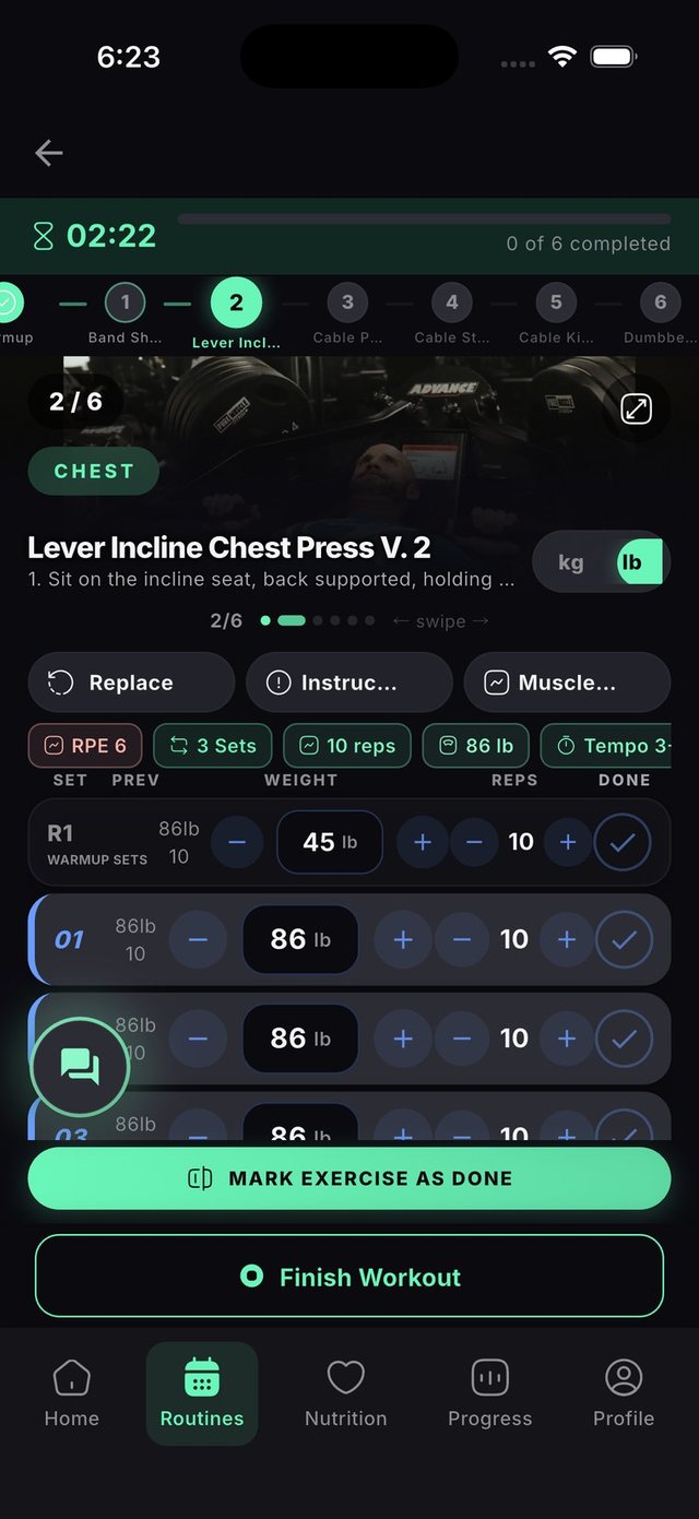 Exercise in progress with sets, weight and video