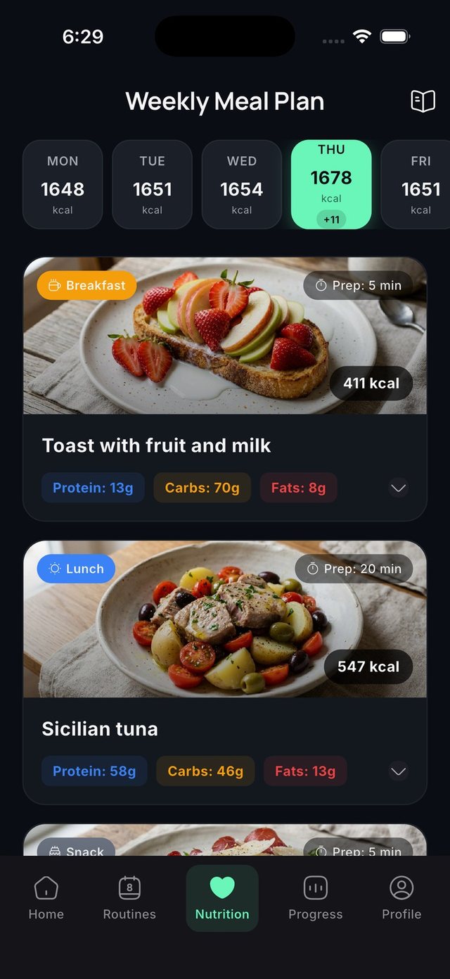 Weekly plan with the day’s meals and their macros