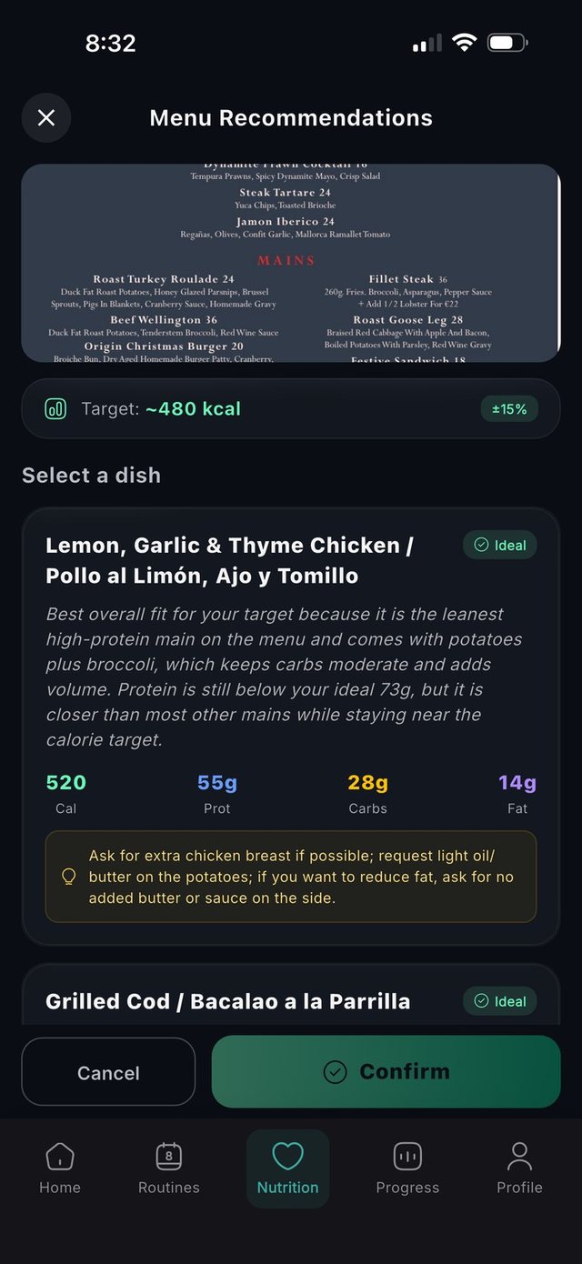 Recommendations on a scanned menu