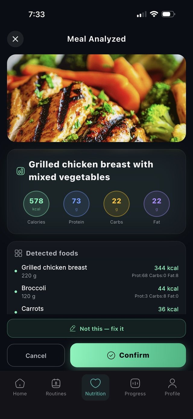 Meal analysed from a photo with calories and macros