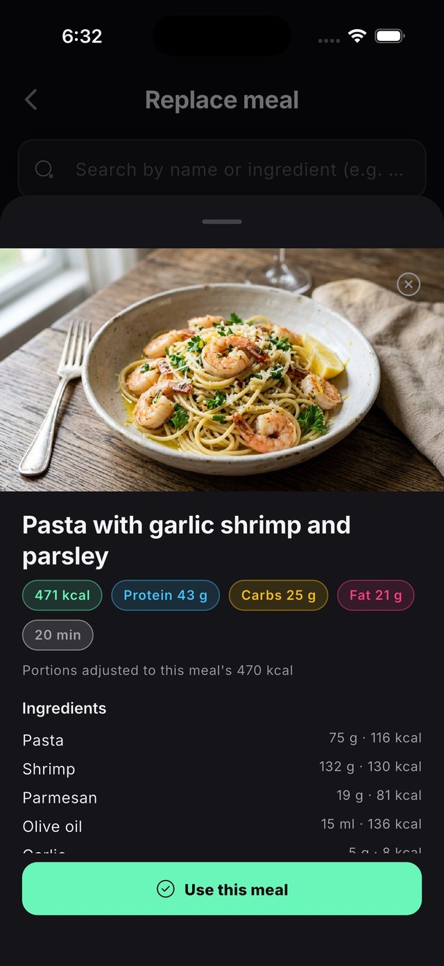 Detail of an alternative recipe with its ingredients