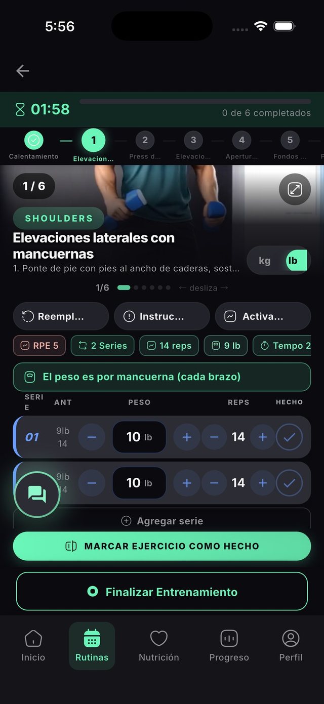 Ejercicio en curso con series, peso y video