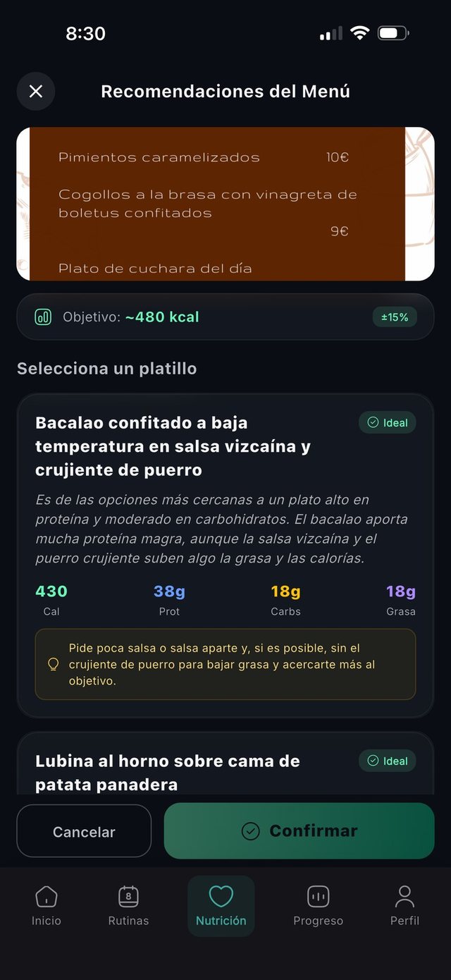 Recomendaciones sobre un menú escaneado