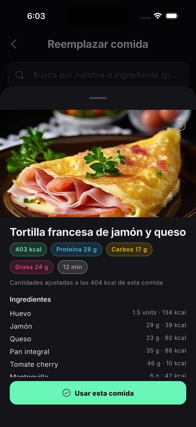 Detalle de una receta alternativa con sus ingredientes