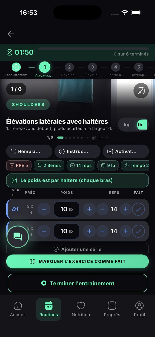 Exercice en cours avec séries, poids et vidéo