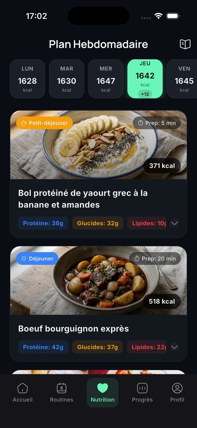 Plan hebdomadaire avec les repas du jour et leurs macros