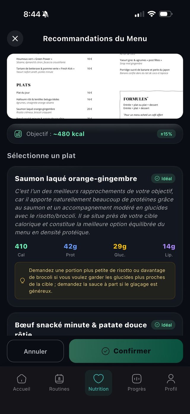 Recommandations sur un menu scanné