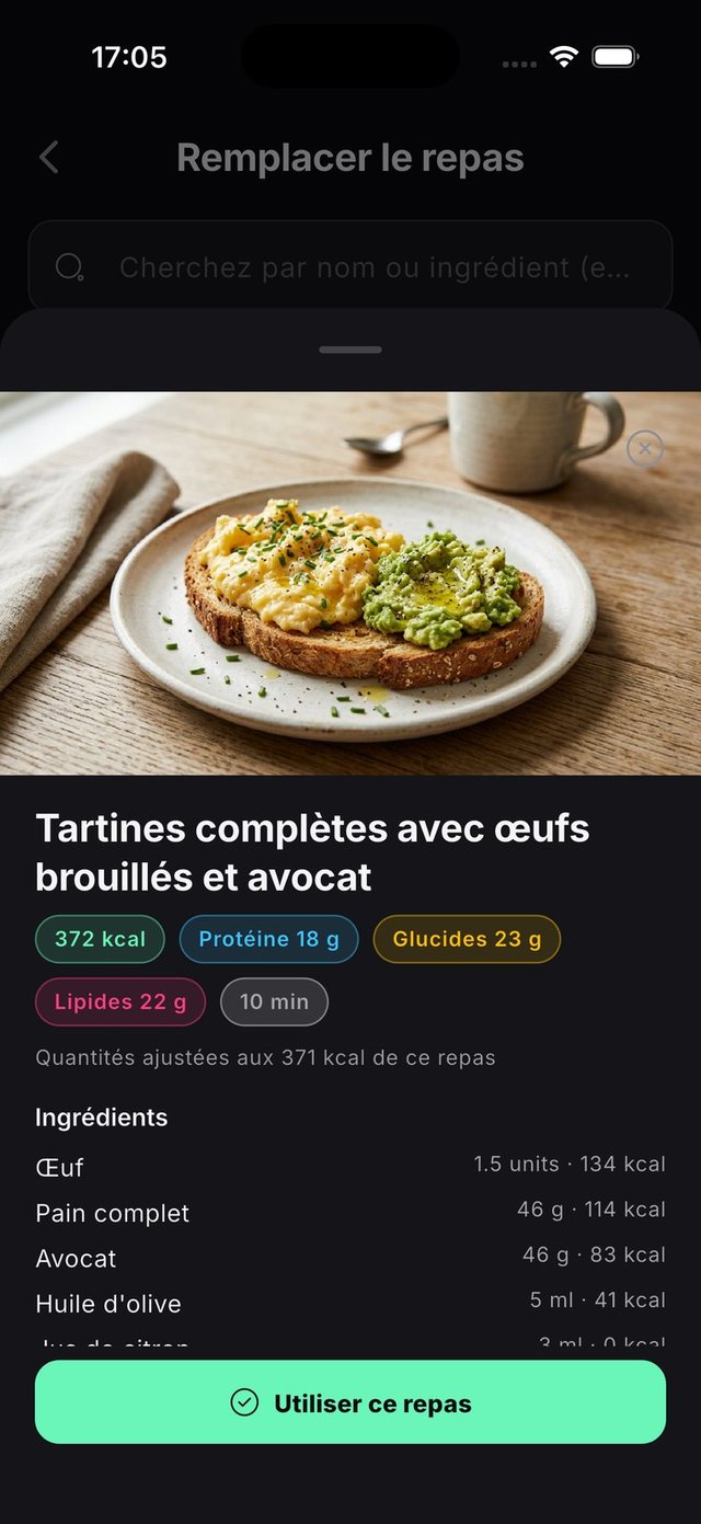 Détail d’une recette alternative avec ses ingrédients