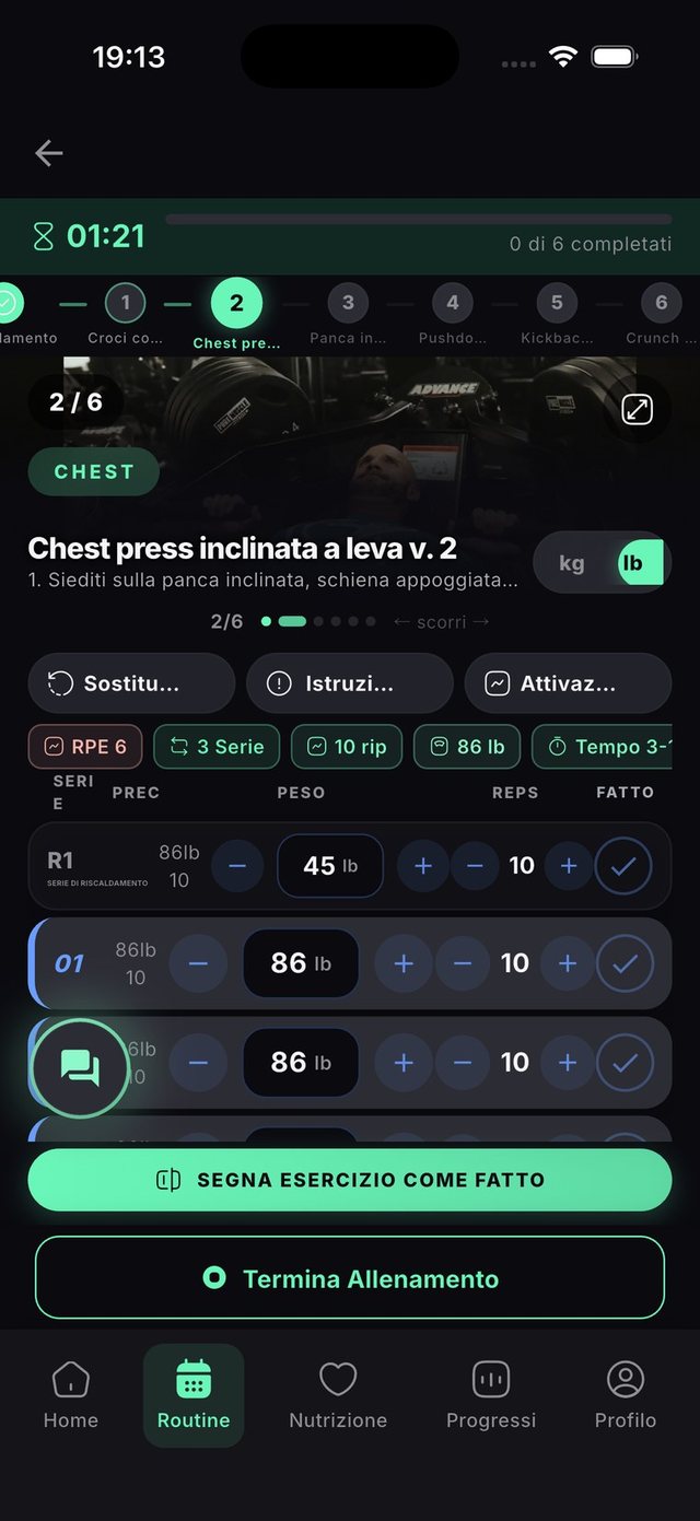 Esercizio in corso con serie, peso e video