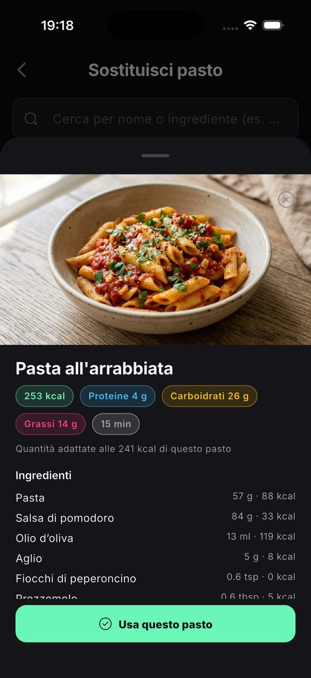 Dettaglio di una ricetta alternativa con i suoi ingredienti