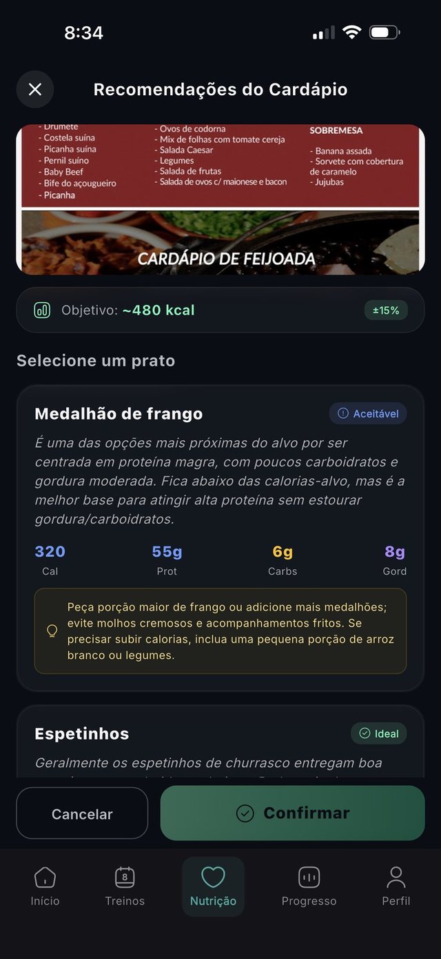 Recomendações sobre um cardápio escaneado
