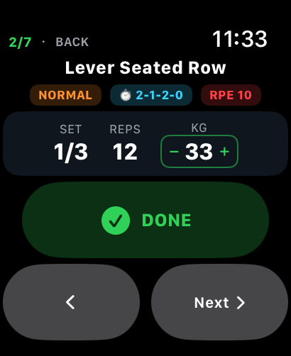 Watch showing the exercise, set, reps and weight