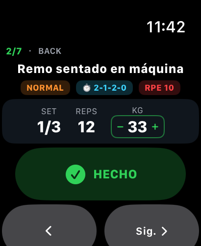 Reloj mostrando el ejercicio, serie, repeticiones y peso