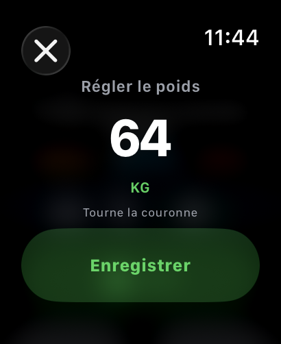 Montre affichant le réglage du poids à la couronne