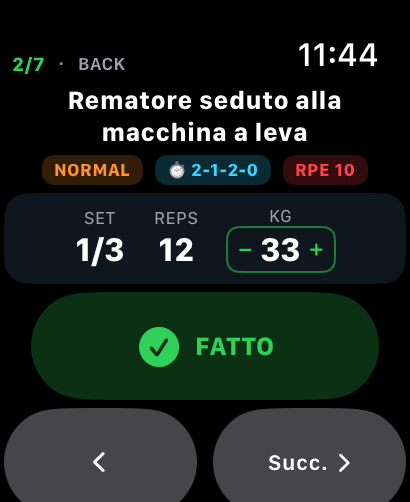 Orologio che mostra esercizio, serie, ripetizioni e peso