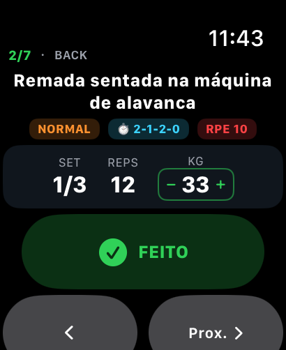 Relógio mostrando o exercício, série, repetições e peso